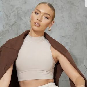 Pretty Little Thing STONE SLINKY HIGH NECK RACER CROP TOP Wome’s Size 2/ XS